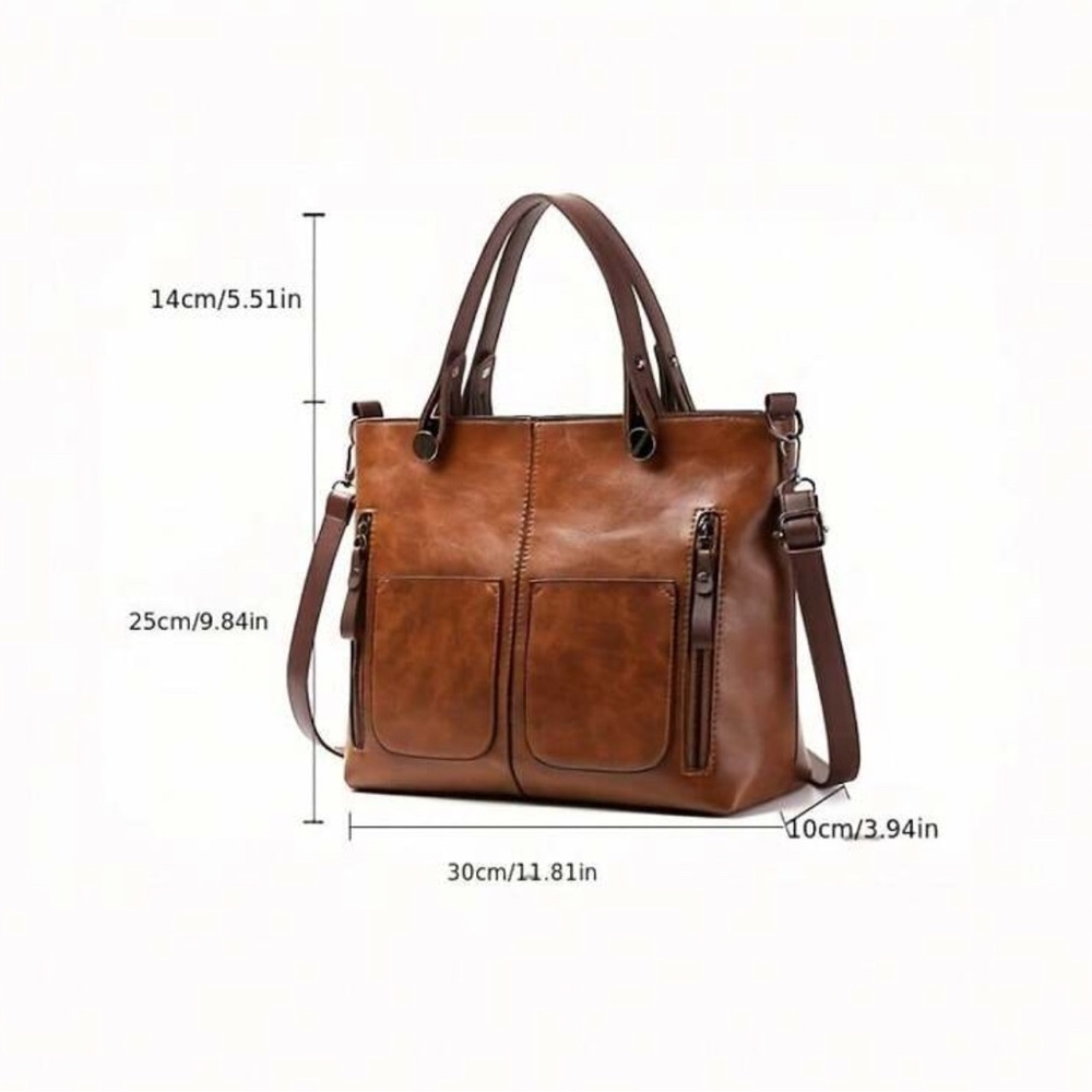 Luxe Brown Zipper Large Tote Shoulder Bag - Picture 6 of 6